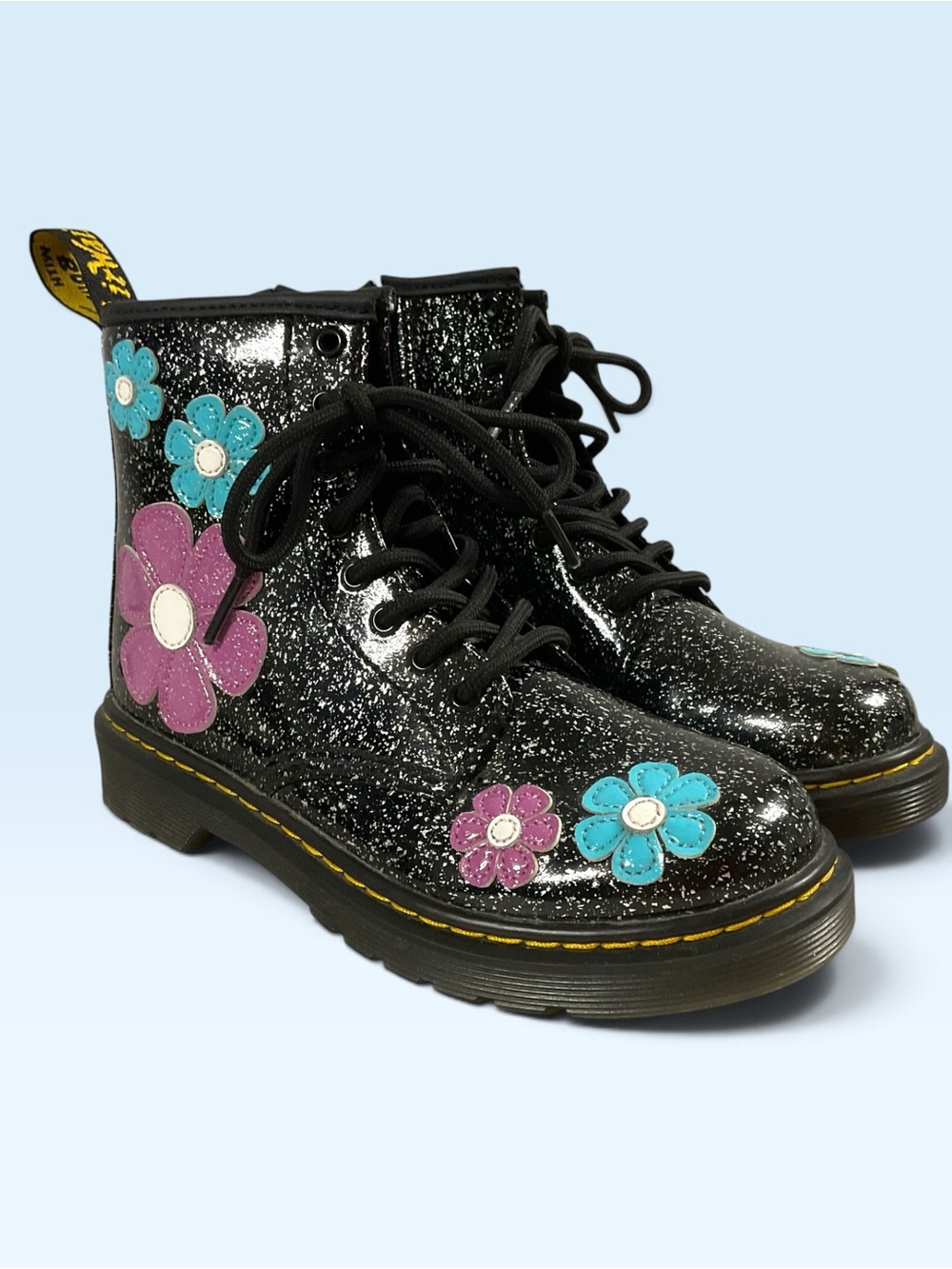 Dr. Martens #1460 Cosmic Black Glitter Lace-Up Boots w/Pink/Blue Big Girls Sz 2
